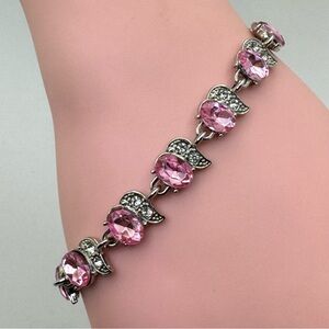 Sparkly Pink Oval Crystal Rhinestone Tennis Link Bracelet Silver Tone Statement